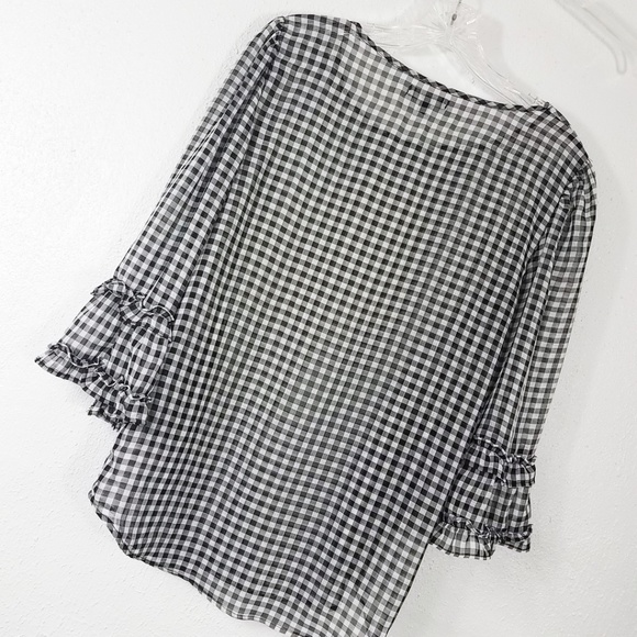 Max Edition Women's Semi Sheer Mini Ruffle Bell Sleeve Shirt Top Blouse - Picture 6 of 8